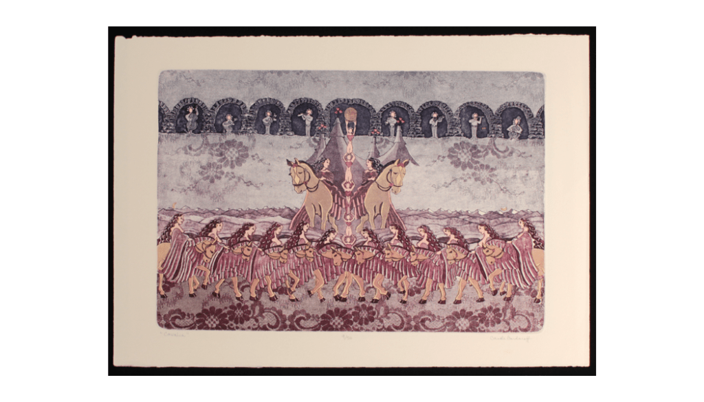 “Cavalia”
12” x 18”
Etching with Watercolour & Embroidery
$400.