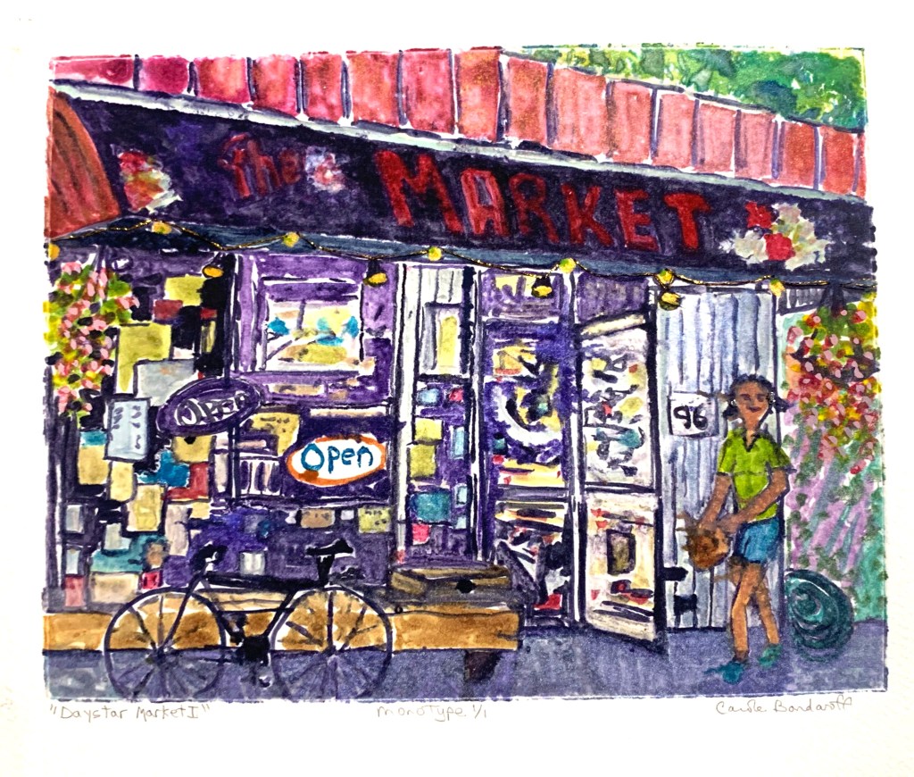 "Daystar Market 1. "9" x 11"
Monotype with Embroidery
$200.