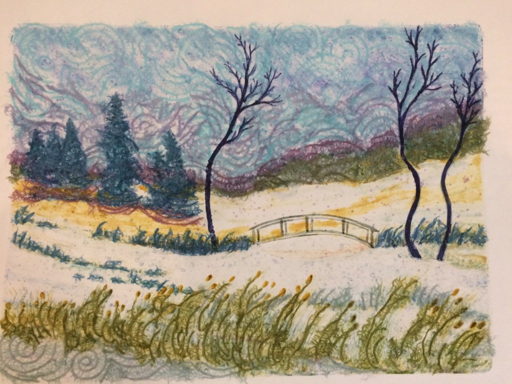 "Footbridge Fantasy"
9" x 11"
Monotype with Chine Collé
$200
Monotype